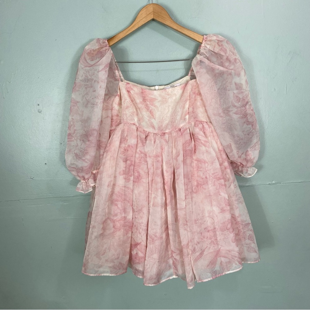 Selkie Puff Sleeve Organza Mini Babydoll Dress Pink Floral Medium - Picture 3 of 10